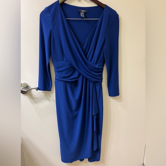 CHAPS  Blue Sheath FAUX WRAP‎ Dress V-Neck 3/4 Sleeve FLATTERING STRETCH - Picture 1 of 7